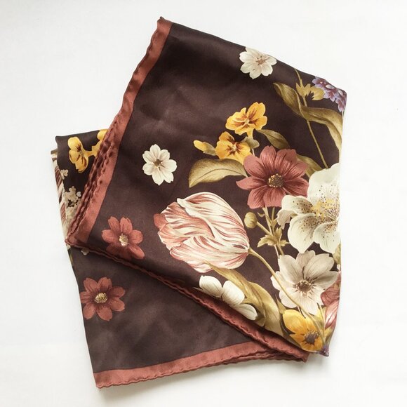 Accessories - Large Botanical Floral Cluster Bunch Brown Burgundy Maroon Square Scarf Wrap